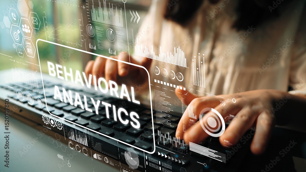Poster hands typing on laptop with overlay of data visualization and behavioral analytics concept. asymptot