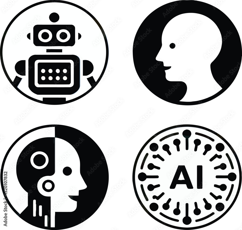Poster artificial intelligence icons set: robot, human head, cyborg and ai network symbols representing tec