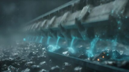 Glowing turquoise liquid metal pours from a futuristic mining facility onto dark rocks, creating a smoky atmosphere in this industrial scene - Powered by Adobe