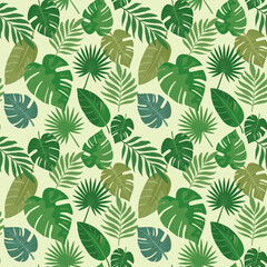 Seamless pattern with tropical leaves. Exotic jungle plants, tropical vacation theme. For banner, background, wrapping paper, textile.Vector illustration on light yellow background.