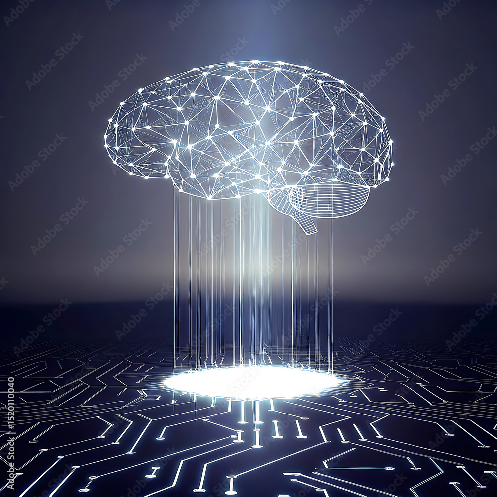 Poster futuristic neon infographic illustrating artificial intelligence as a central brain connected to cyb