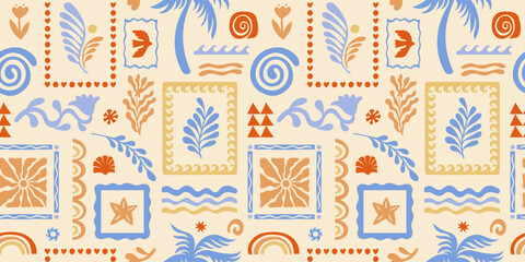Vector hand drawn seamless pattern graphics with silhouette summer and vacation illustrations, print design template, tropical illustrations, frames and borders in simple trendy naive cut out style wi © venimo