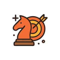 Chess knight piece positioned next to a target with an arrow symbolizing strategic aim and achievement. Business strategy concept