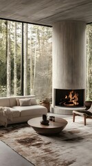 Modern living room with a fireplace and large windows overlooking a forest.
