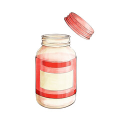 Medicine empty transparent bottle with open screw cap and pink label for treats, vitamins, supplements. Watercolor, isolated on white background mockup or design element