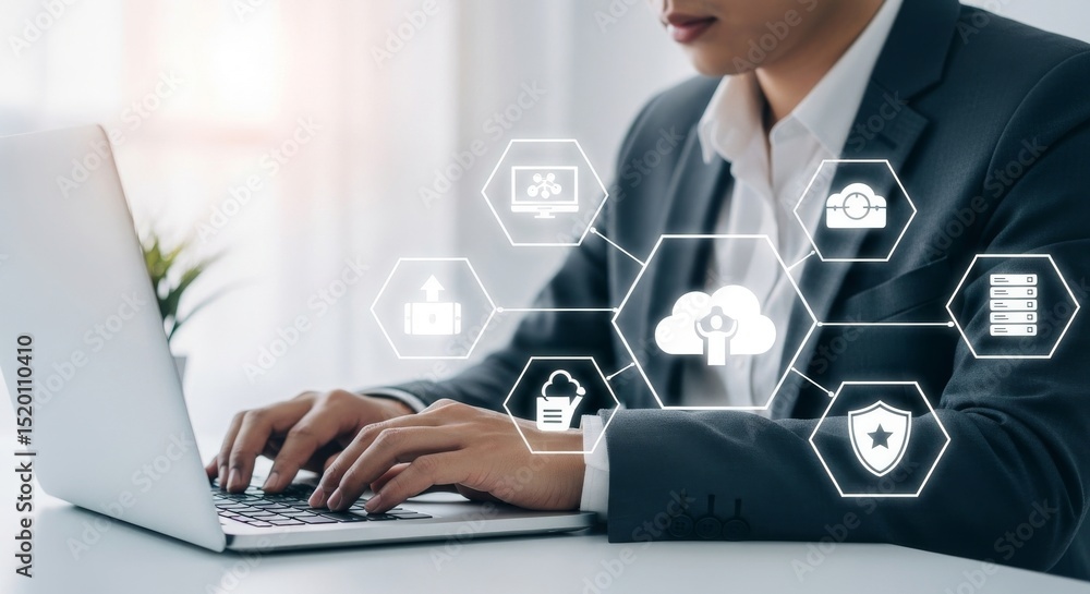 Poster cloud computing and data security for business - businessman working on laptop with cloud computing 