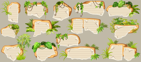 Game panels in jungle with liana branches and leaves, ivy. Set isolated wooden elements with old paper, with school page in line, ragged graph paper. Vector signboards with school page.