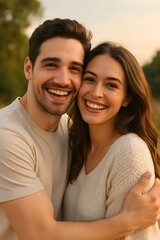 Fototapeta premium Happy Couple Embracing in a Serene Outdoor Setting