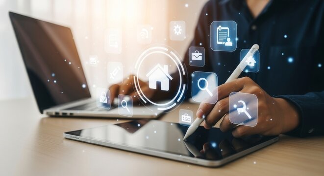 Home Management: Streamlining Real Estate Transactions - Modern technology simplifies home buying and selling. Conceptual symbols: icons, tablet, stylus, home, workflow. Future of real estate