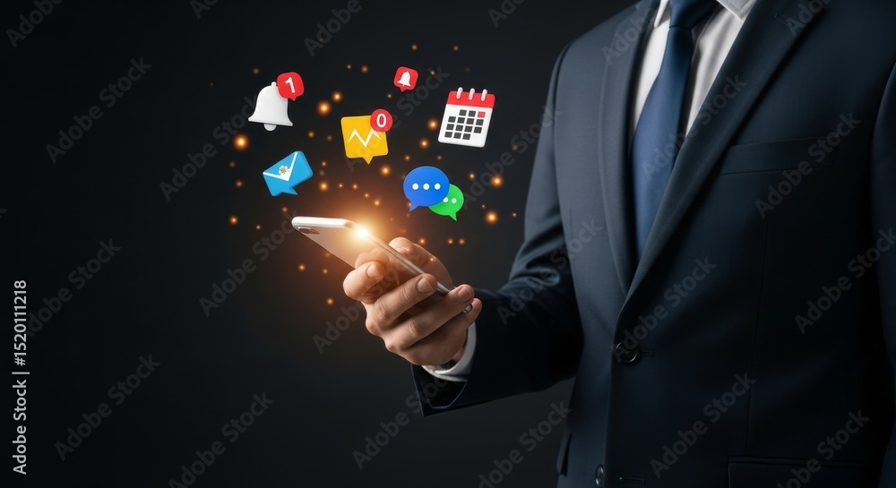 Poster mobile notifications and business productivity - businessperson using smartphone, glowing app icons 