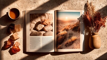 Open Magazine Spread Featuring Desert Sunset and Crystals