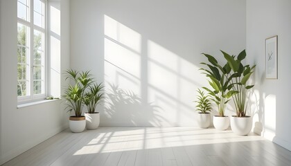 Bright White Minimalist Room With Potted Plants and Sunlight