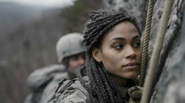 Girl soldier prepares for a challenging march over rocky terrain in training exercise