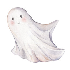 Cute ghost for Halloween perfect for kids design. Hand drawn watercolor illustration of a friendly spirit with a playful expression charming and whimsical for festive and children's projects