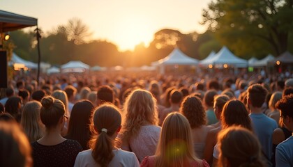 Crowd of people watching sunset at outdoor festival with tents  