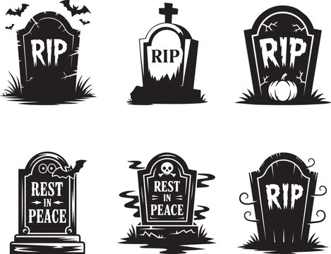 Six Halloween tombstones rip rest in peace bats. eps-10