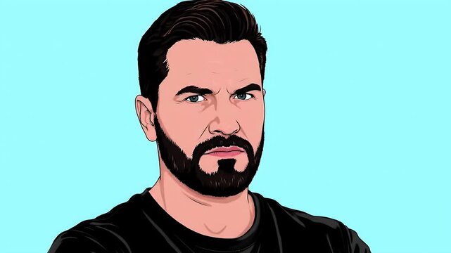 Pixel Art Portrait Of Man With Beard On Light Blue Background In Retro Style