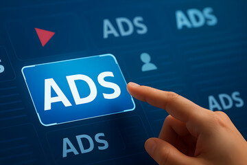 hand touching ads button on digital screen for advertisement and marketing concept