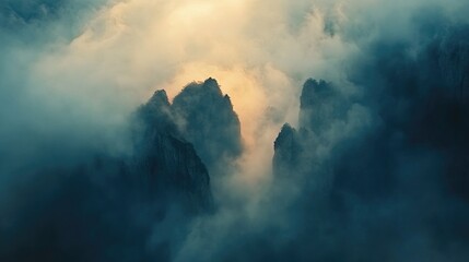 Fototapeta premium Floating mountains of Zhangjiajie emerging through layers of dense fog in early sunrise light