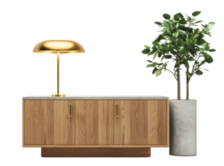 A wooden sideboard with two drawers and four doors, a plant in the right corner of it, next to an elegant floor lamp on a transparent background
