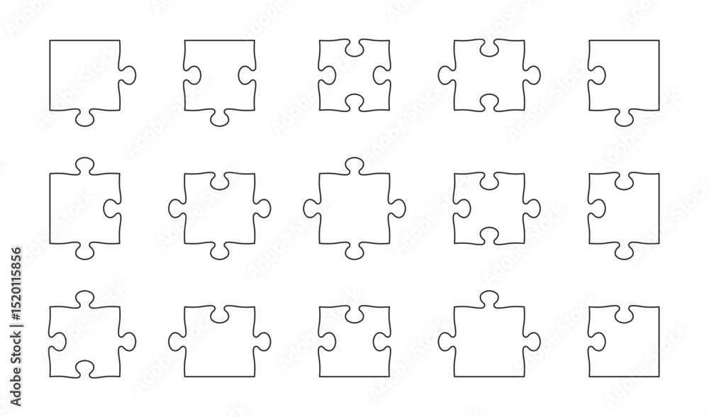 Poster Puzzle pieces collection. Separated puzzle elements with different edges. Blank puzzle elements on a white background. Vector