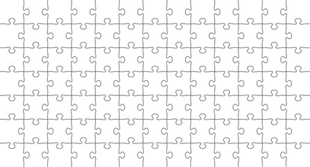 Blank puzzle template. Jigsaw game with outline puzzle pieces. Horizontal mosaic background with puzzle pieces. Vector