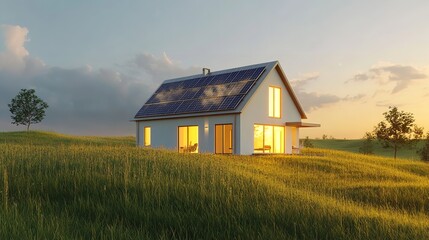 Obraz premium Sustainable Living: Solar Powered Home in Serene Field