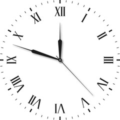 Vintage clock face with Roman numerals and retro hands. Victorian clock dial with hands and Roman numbers. Vector
