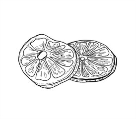 Two stacked dried orange slices vector illustration painted by black inks. Etching drawing of citrus fruit wedges for Christmas decorations, winter holiday packaging, festive drink menus