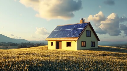 Sustainable Home: Solar Panels on House Roof in Scenic Landscape - Eco-Friendly Energy Solution