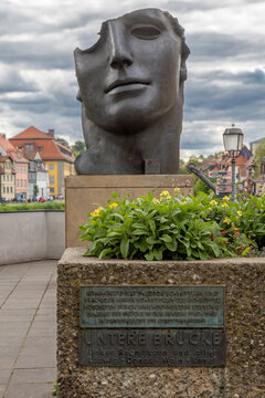 BAMBERG, BAVARIA, GERMANY: Centurione. The bronze sculpture with the half face depicts the damaged head of the Greek god of love Eros. Made by Igor Mitoraj, an artist of Polish origin.