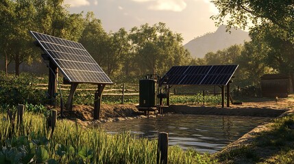 Sustainable Energy: Solar Panels in a Lush Green Landscape