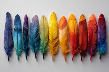 A row of colorful feathers arranged in a spectrum on a white background creating a vibrant display