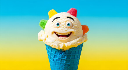 Cheerful Cartoon Ice Cream Cone with Colorful Candy Hair and Big Smile | Fun Vanilla Scoop Character in Blue Cone on Bright Yellow and Blue Background