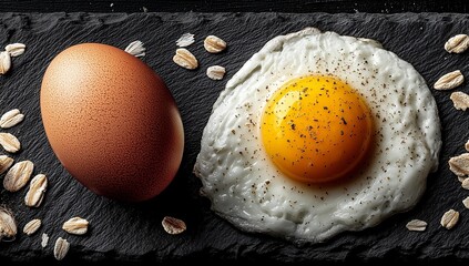 A whole egg and a fried egg with oats on a black slate plate displayed in a close up studio shot