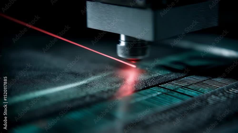 Poster industrial laser engraving machine precisely burning lines on a microchip surface, creating complex 
