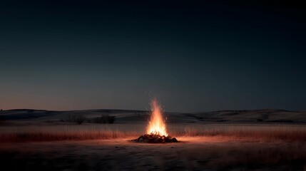 Minimalist photo of a campfire alone, symbolizing retreat, silence, and gentle heat in the wilderness.