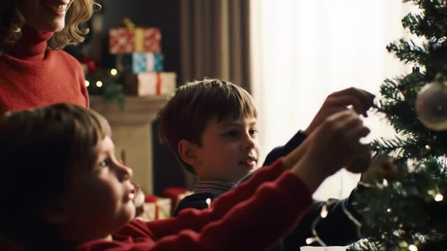 mother and daughter decorating christmas tree