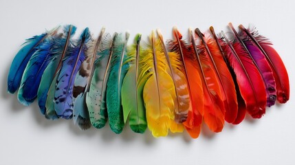 A colorful array of feathers arranged in a spectrum on a white background creating a vibrant display