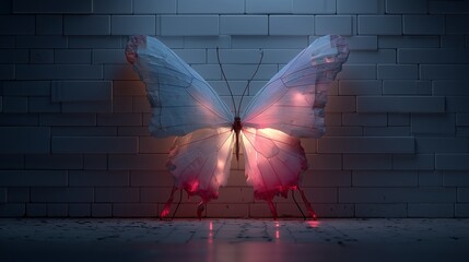 A glowing butterfly with pink and white wings against a textured brick wall in a dark room setting