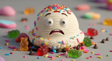 Funny Scared Vanilla Ice Cream Scoop with Candy Face and Sprinkles | Cartoon Dessert Surrounded by Gummy Bears and Chocolate on Grey Background
