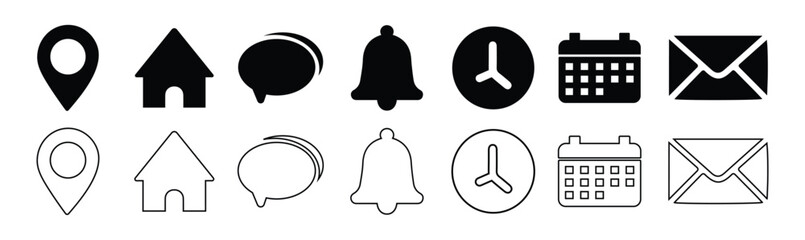 Date, time, location address, Email, notification icon. Clock, calendar, location pin, home, bell icon. Web icon set. Vector illustration. 