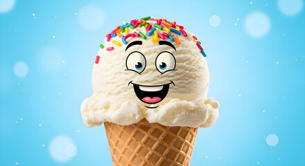 Happy Cartoon Vanilla Ice Cream Cone with Rainbow Sprinkles | Fun Smiling Dessert Character on Blue Background for Kids and Summer Treat Promotions
