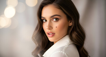Elegant Woman with Wavy Hair and Subtle Beauty Mark, Soft Focus Portrait