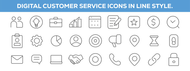Collection of business management icons. Customer support icon with headset for assistance and service. Customer service outline icons set, communication, support, help symbols professional concepts.