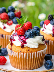 Delicious cupcakes with blueberries, raspberries, cream frosting, and berry preserve showcased on a wooden plate. Sunny day in garden.
