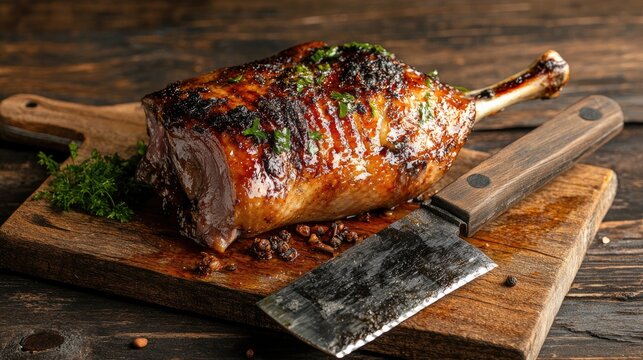Freshly roasted duck on a butcher block with traditional cleaver, steam, and spice accents