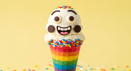 Cute Vanilla Ice Cream Cone with Rainbow Cup and Candy Face | Fun Smiling Dessert with Sprinkles and Chocolate Decoration on Yellow Background
