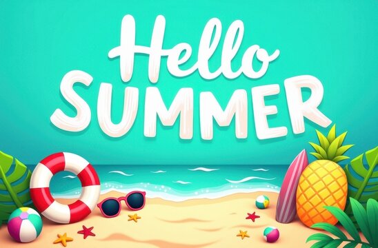 Playful summer illustration with hello summer text and beach elements
