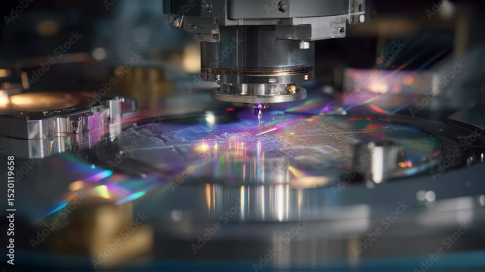 Poster automated precision laser engraving machine processes silicon wafer, creating intricate patterns wit